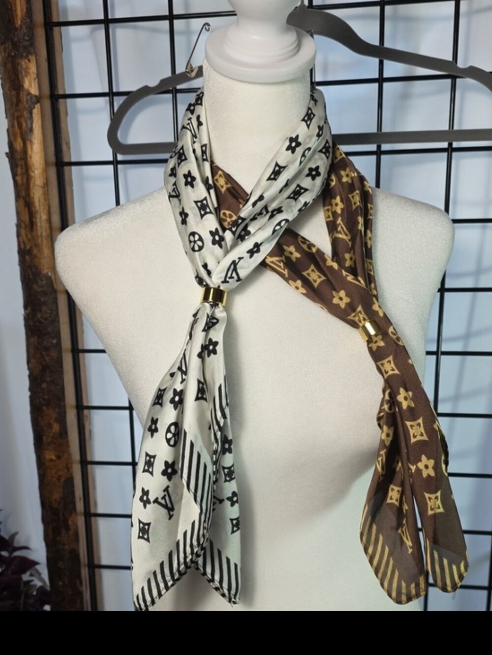 Luxury Brown Or White Patterned Silk Scarf with Gold Accent